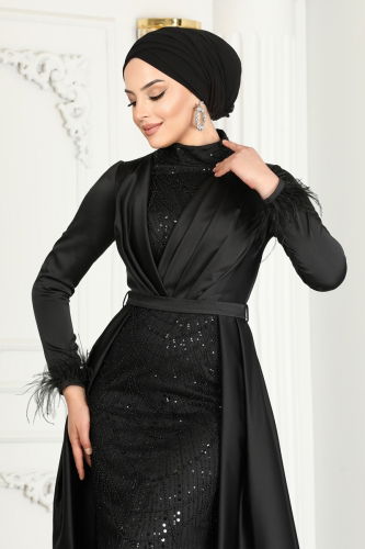 moda selvim SUAL Otrish Detail Hijab Evening Dresses 4622SRH861 Black - Thumbnail