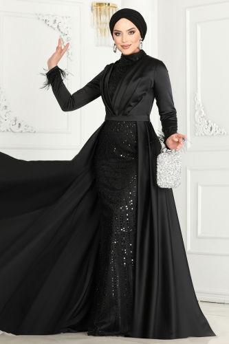 S.R.H. - SUAL Otrish Detail Hijab Evening Dresses 4622SRH861 Black