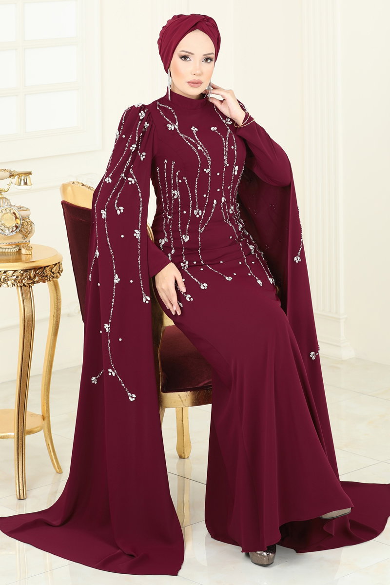 SUAL Pelerin Detaylı Taşlı Abiye 5370DMNK1166 Bordo