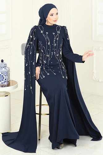 moda selvim SUAL Pelerin Detaylı Taşlı Abiye 5370DMNK1166 Laci - Thumbnail