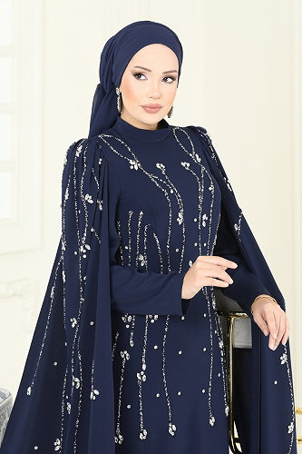 moda selvim SUAL Pelerin Detaylı Taşlı Abiye 5370DMNK1166 Laci - Thumbnail