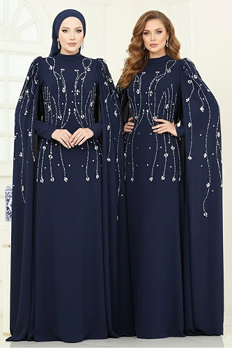 moda selvim SUAL Pelerin Detaylı Taşlı Abiye 5370DMNK1166 Laci - Thumbnail