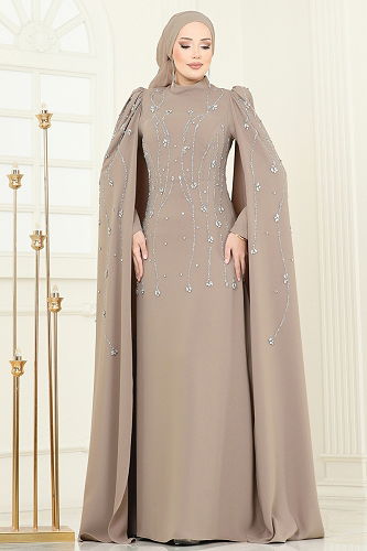 moda selvim SUAL Pelerin Detaylı Taşlı Abiye 5370DMNK1166 Sütlü Kahve - Thumbnail