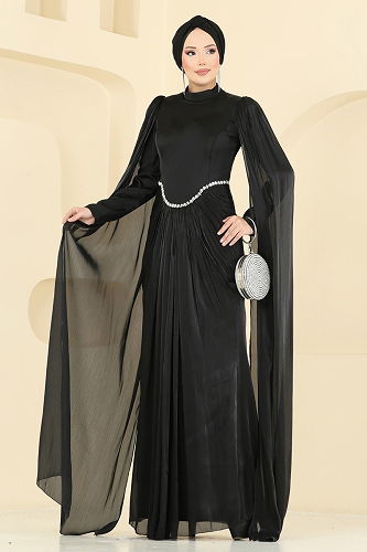 moda selvim SUAL Pelerini Piliseli Şık Abiye 5418DMNK1166 Siyah - Thumbnail