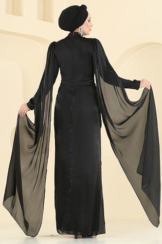 moda selvim SUAL Pelerini Piliseli Şık Abiye 5418DMNK1166 Siyah - Thumbnail