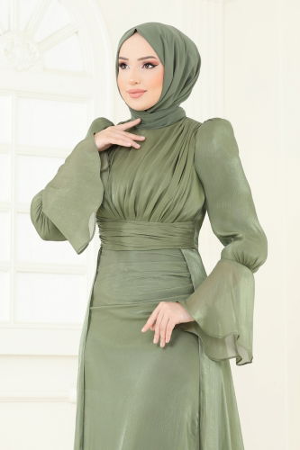 moda selvim SUAL Pelerinli Tesettür Abiye 4986D170 Haki - Thumbnail