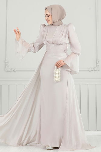 moda selvim SUAL Pelerinli Tesettür Abiye 4986D170 Taş - Thumbnail