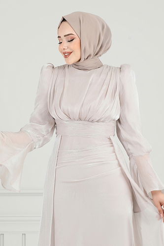 moda selvim SUAL Pelerinli Tesettür Abiye 4986D170 Taş - Thumbnail