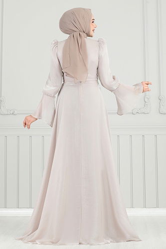 moda selvim SUAL Pelerinli Tesettür Abiye 4986D170 Taş - Thumbnail