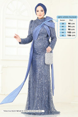 moda selvim SUAL Pul İşlemeli Abiye 5070D170 İndigo - Thumbnail