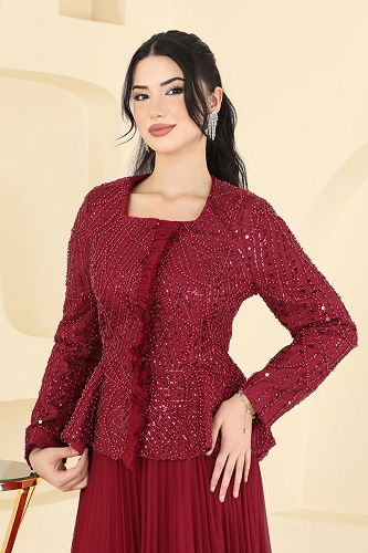 moda selvim SUAL Pul İşlemeli Abiye Takım 5350DMNK1166 Bordo - Thumbnail