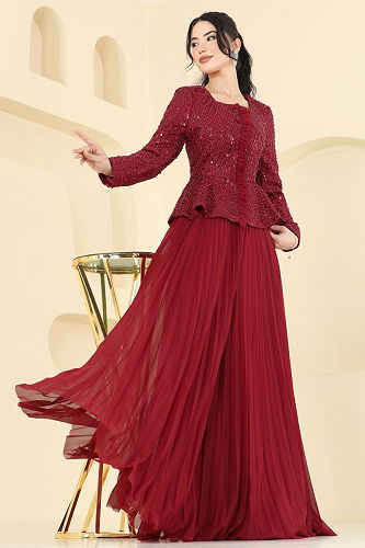 moda selvim SUAL Pul İşlemeli Abiye Takım 5350DMNK1166 Bordo - Thumbnail