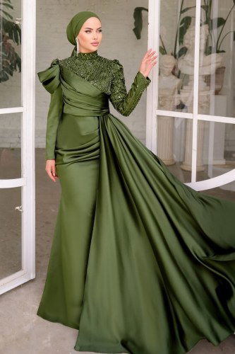 moda selvim SUAL Pul İşlemeli Saten Abiye 4569D170 Haki - Thumbnail
