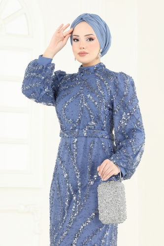moda selvim SUAL Pul İşlemeli Tesettür Abiye 8014YG95 İndigo - Thumbnail