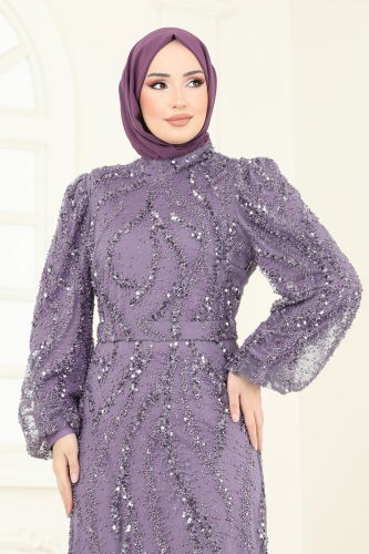 moda selvim SUAL Pul İşlemeli Tesettür Abiye 8014YG95 Lila - Thumbnail