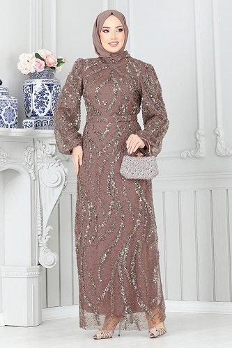 moda selvim SUAL Pul İşlemeli Tesettür Abiye 8014YG95 Pudra Vizyon - Thumbnail