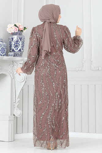 moda selvim SUAL Pul İşlemeli Tesettür Abiye 8014YG95 Pudra Vizyon - Thumbnail