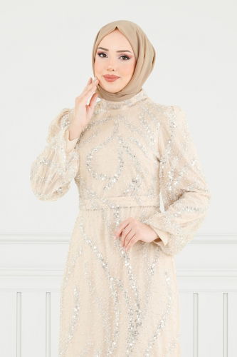 moda selvim SUAL Pul İşlemeli Tesettür Abiye 8014YG95 Taş - Thumbnail