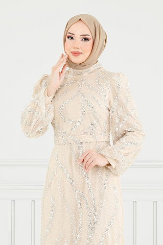 moda selvim SUAL Pul İşlemeli Tesettür Abiye 8014YG95 Taş - Thumbnail