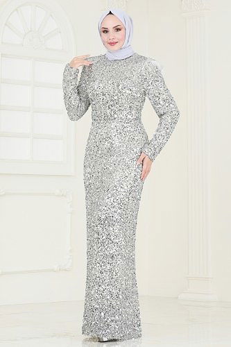 moda selvim SUAL Pul Payet Detaylı Abiye 4762D170 Gümüş - Thumbnail