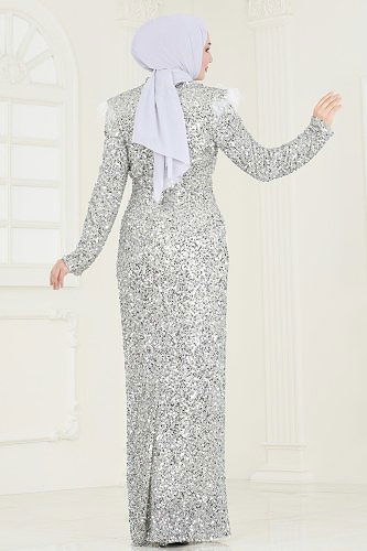 moda selvim SUAL Pul Payet Detaylı Abiye 4762D170 Gümüş - Thumbnail