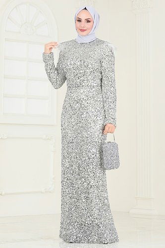 moda selvim SUAL Pul Payet Detaylı Abiye 4762D170 Gümüş - Thumbnail