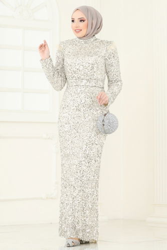moda selvim SUAL Pul Payet Detaylı Abiye 4762D170 Taş - Thumbnail