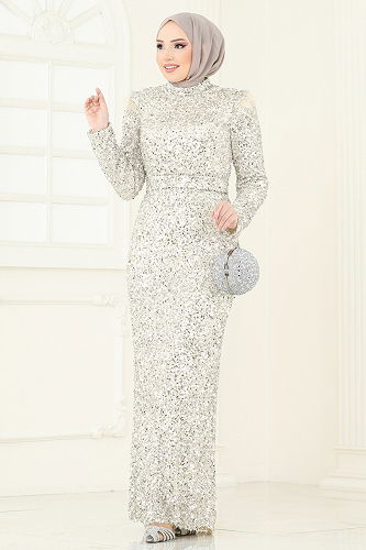 moda selvim SUAL Pul Payet Detaylı Abiye 4762D170 Taş - Thumbnail