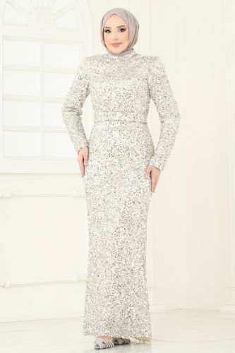 moda selvim SUAL Pul Payet Detaylı Abiye 4762D170 Taş - Thumbnail