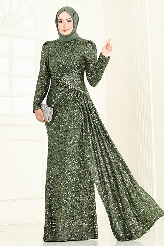 moda selvim SUAL Pul Payet Taş Detaylı Abiye 5247D170 Haki - Thumbnail