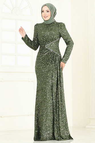 moda selvim SUAL Pul Payet Taş Detaylı Abiye 5247D170 Haki - Thumbnail