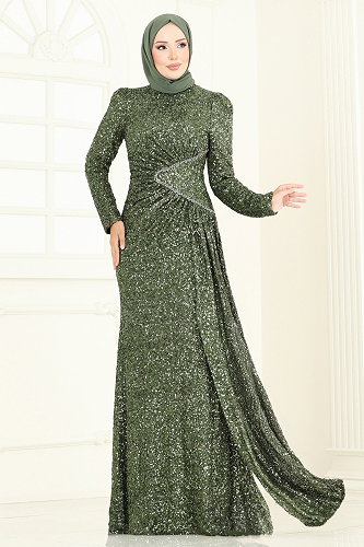 moda selvim SUAL Pul Payet Taş Detaylı Abiye 5247D170 Haki - Thumbnail