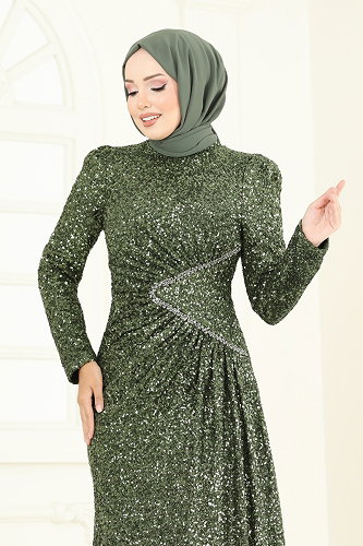moda selvim SUAL Pul Payet Taş Detaylı Abiye 5247D170 Haki - Thumbnail