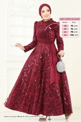 moda selvim SUAL Taş Detay Abiye 5099D170 Bordo - Thumbnail
