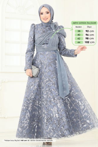 moda selvim SUAL Taş Detay Abiye 5099D170 Gri - Thumbnail