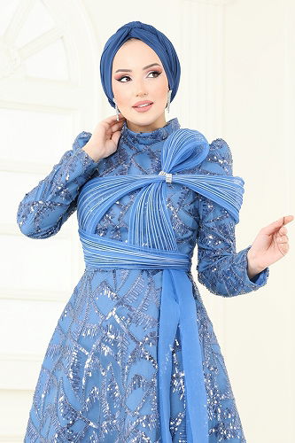 moda selvim SUAL Taş Detay Abiye 5099D170 İndigo - Thumbnail