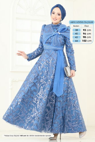 moda selvim SUAL Taş Detay Abiye 5099D170 İndigo - Thumbnail