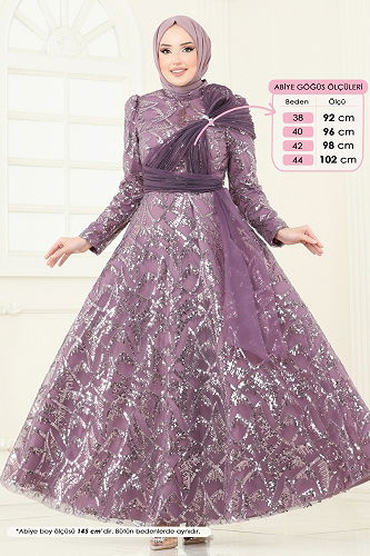 moda selvim SUAL Taş Detay Abiye 5099D170 Lila - Thumbnail