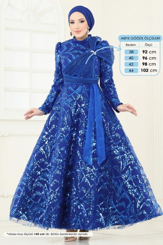 moda selvim SUAL Taş Detay Abiye 5099D170 Saks - Thumbnail