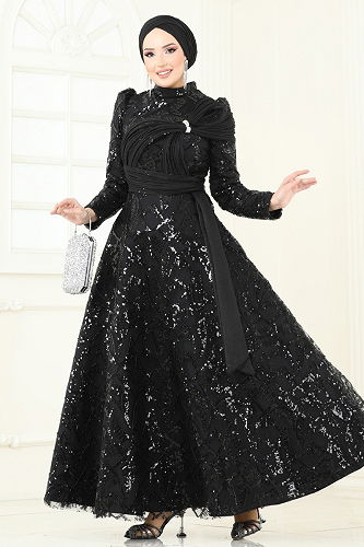 moda selvim SUAL Taş Detay Abiye 5099D170 Siyah - Thumbnail