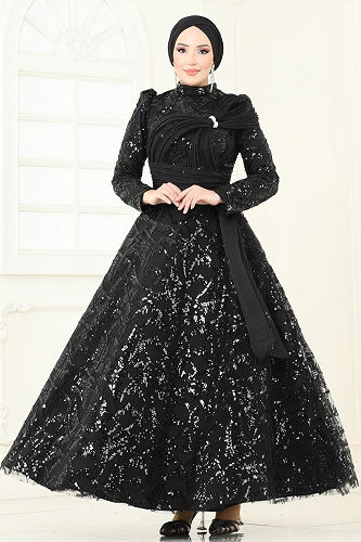 moda selvim SUAL Taş Detay Abiye 5099D170 Siyah - Thumbnail