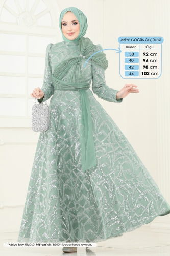 moda selvim SUAL Taş Detay Abiye 5099D170 Su Yeşili - Thumbnail