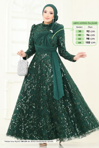 moda selvim SUAL Taş Detay Abiye 5099D170 Zümrüt - Thumbnail
