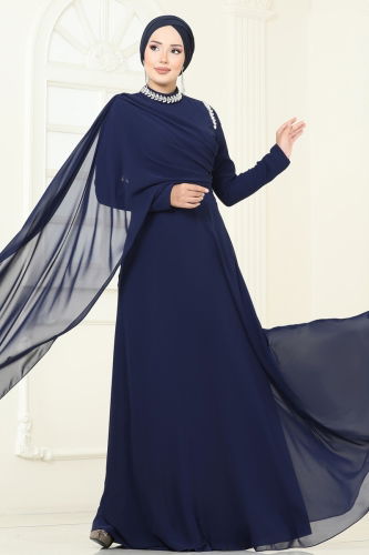 moda selvim SUAL Taş Detay Pelerinli Abiye 6294LPN858 Laci - Thumbnail