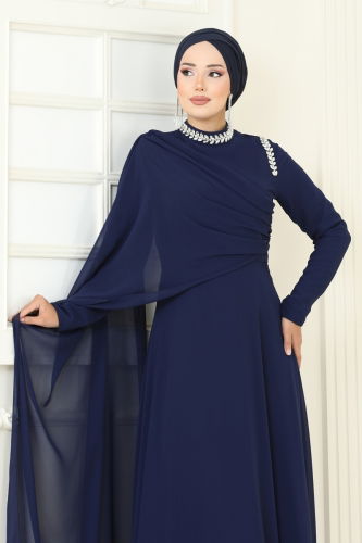 moda selvim SUAL Taş Detay Pelerinli Abiye 6294LPN858 Laci - Thumbnail