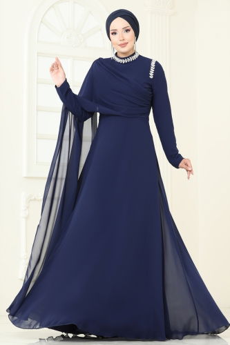 moda selvim SUAL Taş Detay Pelerinli Abiye 6294LPN858 Laci - Thumbnail