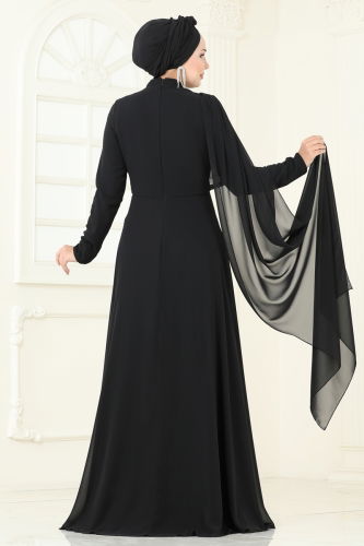moda selvim SUAL Taş Detay Pelerinli Abiye 6294LPN858 Siyah - Thumbnail