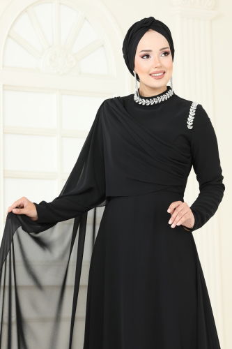 moda selvim SUAL Taş Detay Pelerinli Abiye 6294LPN858 Siyah - Thumbnail