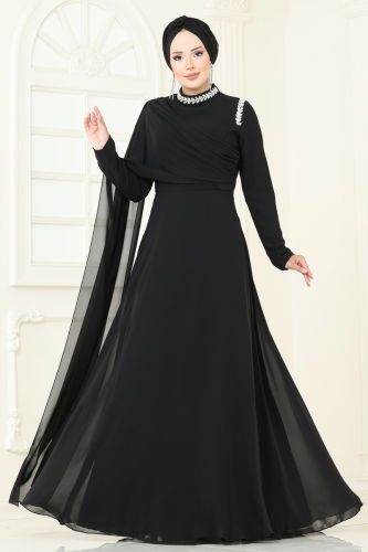 moda selvim SUAL Taş Detay Pelerinli Abiye 6294LPN858 Siyah - Thumbnail