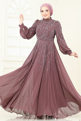 moda selvim SUAL Taş Detaylı Abiye 4992D170 Koyu Gül Kurusu - Thumbnail